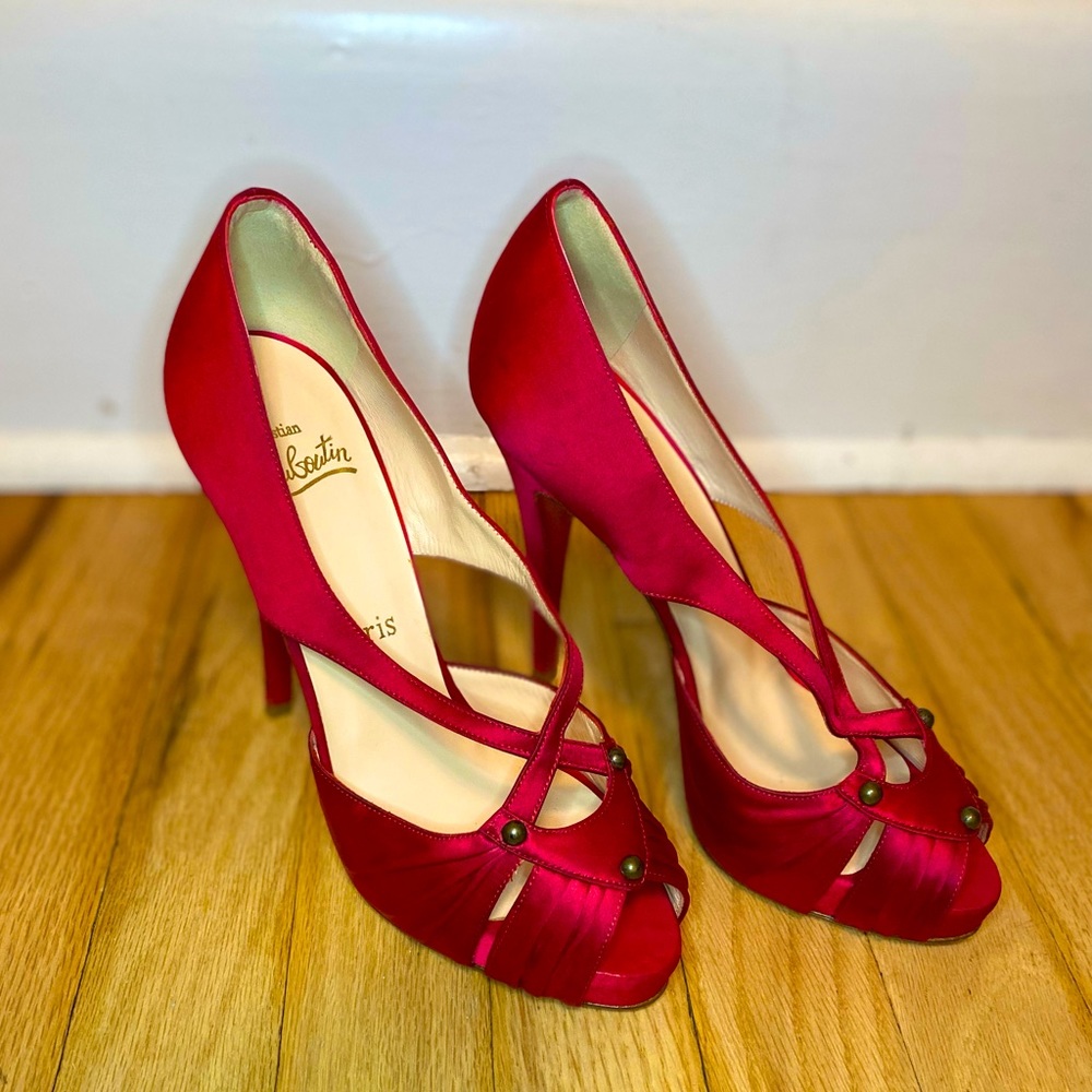 Christian Louboutin Red Satin Peep-toe Pumps